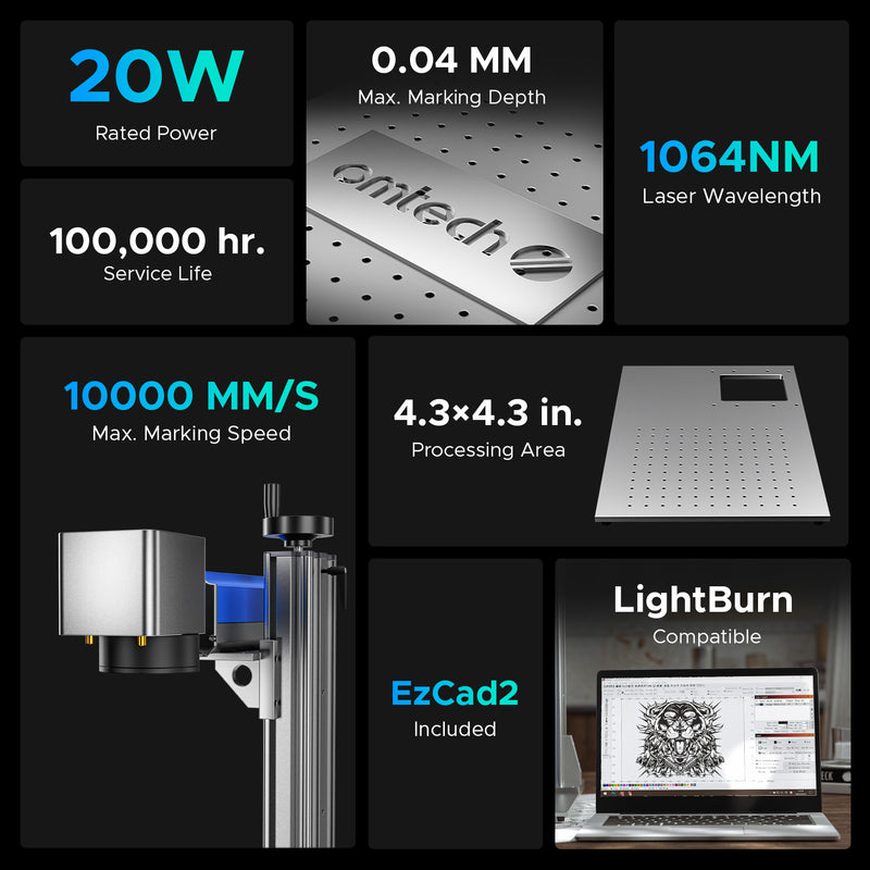 OMTech Galvo 20W Split Fiber Laser Engraver and Marker with 4.3" x 4.3" Working Area