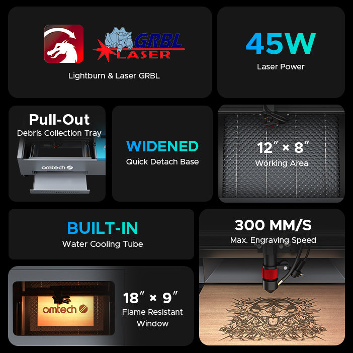 OMTech K40+ 45W Desktop CO2 Laser Engraver with 8" x 12" Working Area and Detachable Honeycomb Workbed
